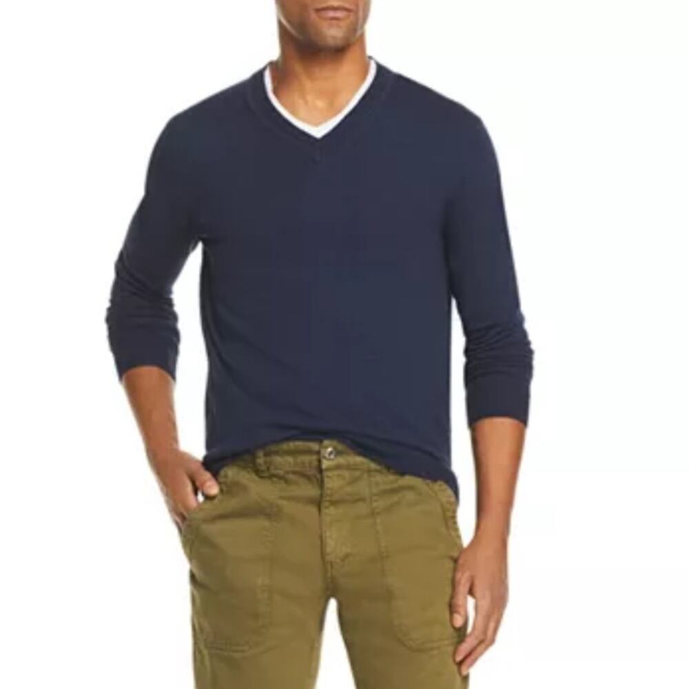 Bloomingdales Navy Merino Wool V-Neck Sweater NWT L